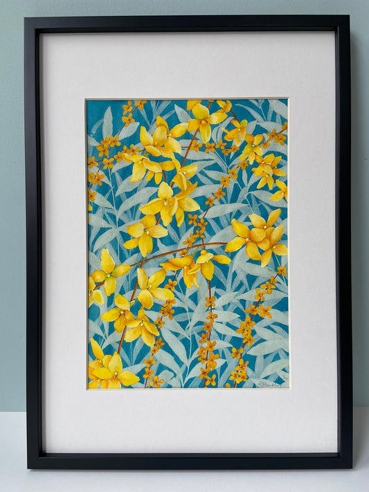 Framed original Forsythia painting